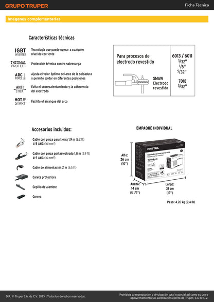 Mini Soldadora Inversora 130A Bivoltaje PRETUL SOIN-313MBP - Portátil Profesional para Electrodo Revestido SMAW MMA