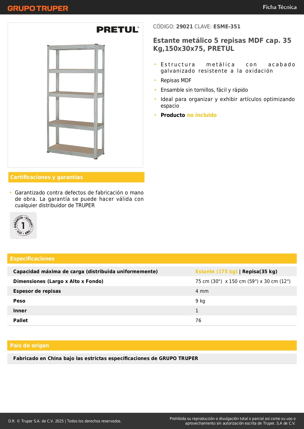 Estante Metálico PRETUL 5 Repisas MDF 35kg - Organizador Industrial Galvanizado Sin Tornillos 150x30x75cm - Solución Profesional para Optimizar Espacios de Almacenamiento