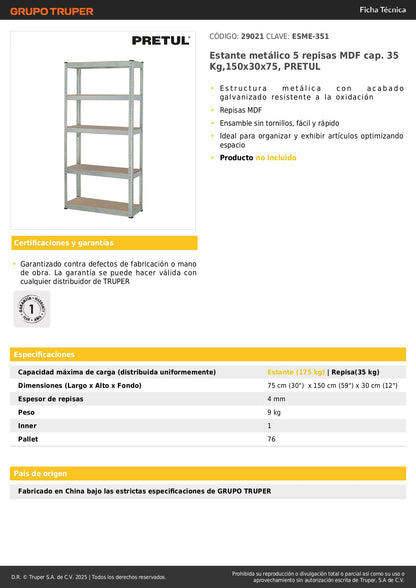 Estante Metálico PRETUL 5 Repisas MDF 35kg - Organizador Industrial Galvanizado Sin Tornillos 150x30x75cm - Solución Profesional para Optimizar Espacios de Almacenamiento