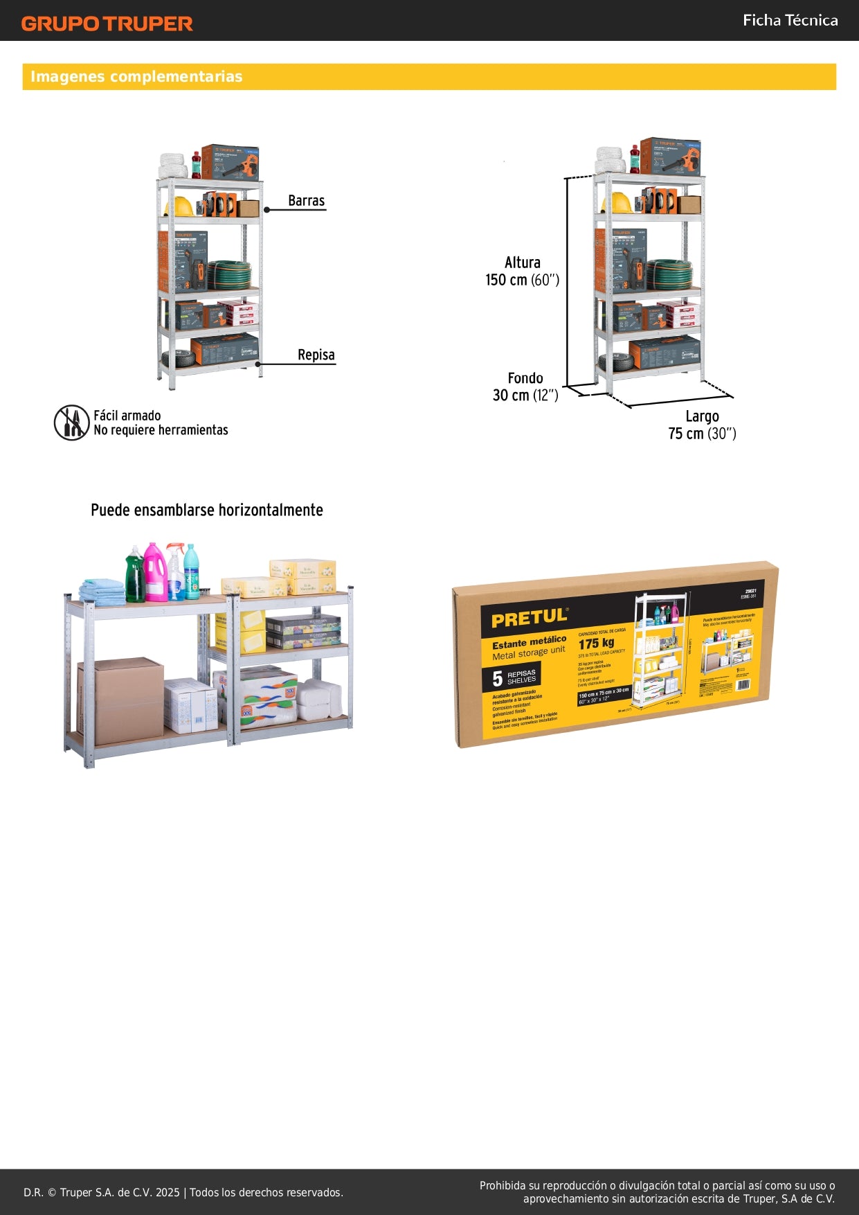Estante Metálico PRETUL 5 Repisas MDF 35kg - Organizador Industrial Galvanizado Sin Tornillos 150x30x75cm - Solución Profesional para Optimizar Espacios de Almacenamiento