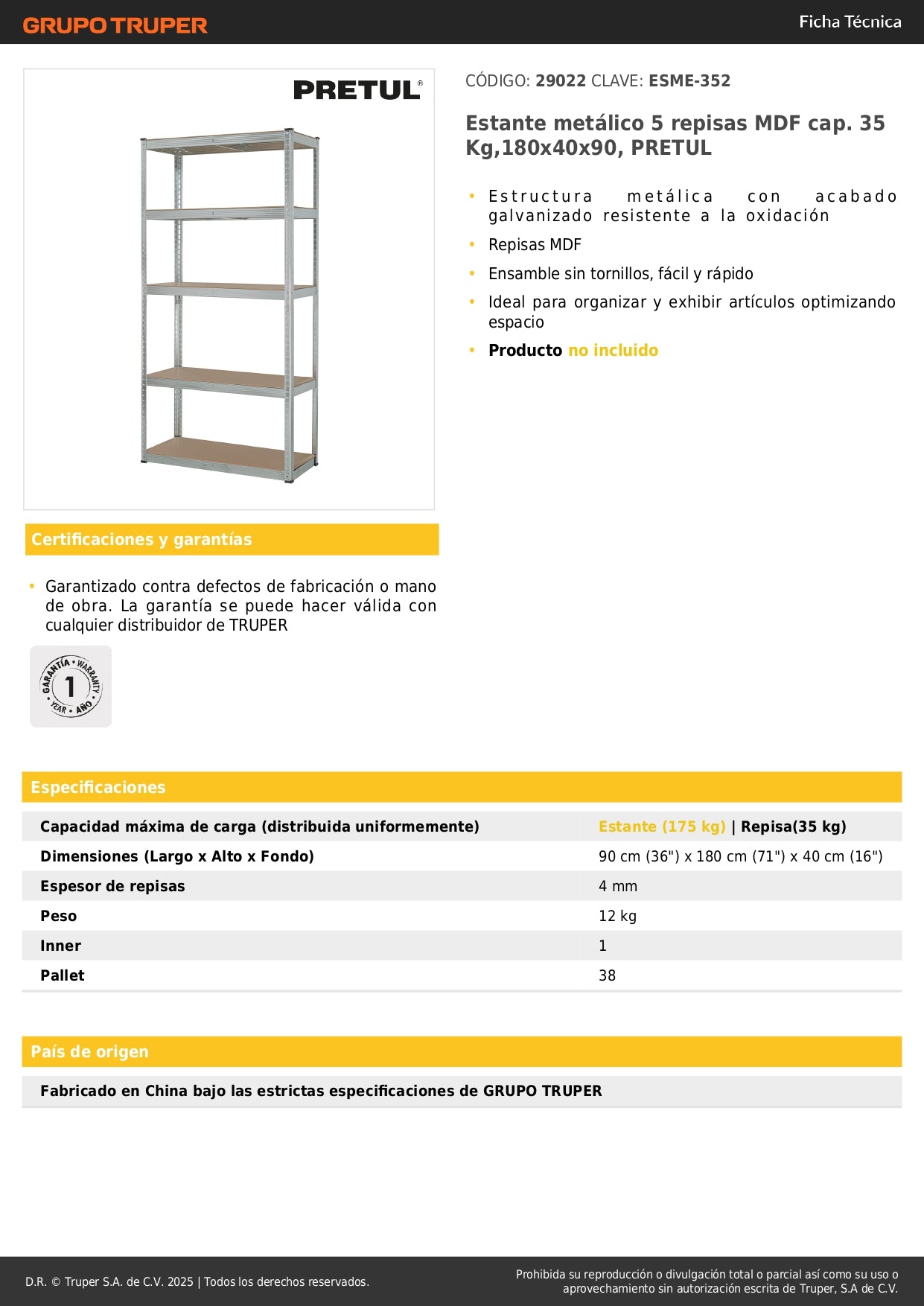 Estante Metálico Industrial PRETUL 5 Repisas MDF 35kg - Solución Profesional de Almacenamiento y Organización 180x40x90cm Sin Tornillos