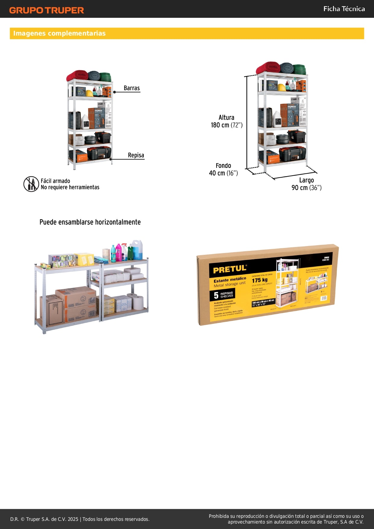 Estante Metálico Industrial PRETUL 5 Repisas MDF 35kg - Solución Profesional de Almacenamiento y Organización 180x40x90cm Sin Tornillos