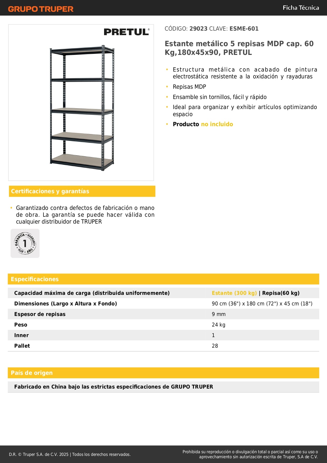 Estante Metálico PRETUL 5 Repisas MDP 180x45x90cm - Organiza y Optimiza Espacios sin Tornillos - Capacidad 60kg - ESME-601