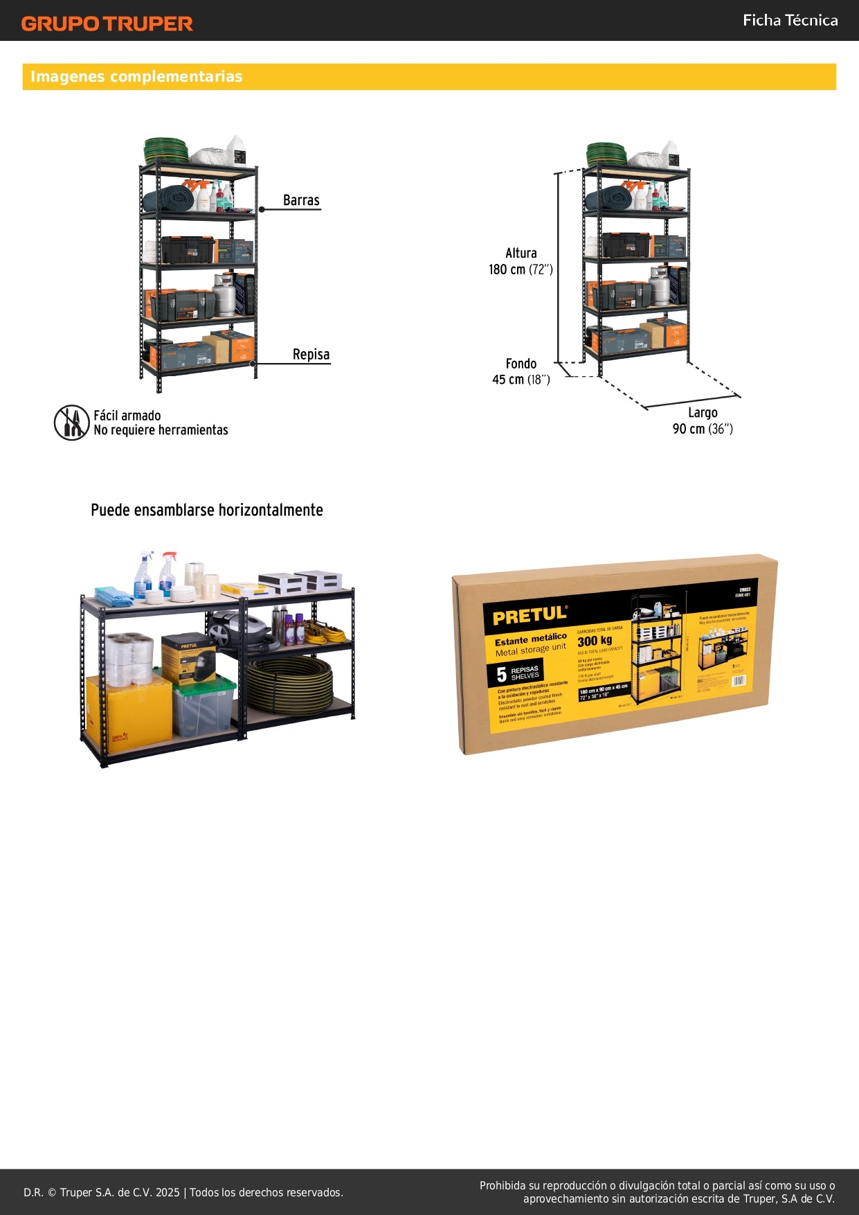 Estante Metálico PRETUL 5 Repisas MDP 180x45x90cm - Organiza y Optimiza Espacios sin Tornillos - Capacidad 60kg - ESME-601
