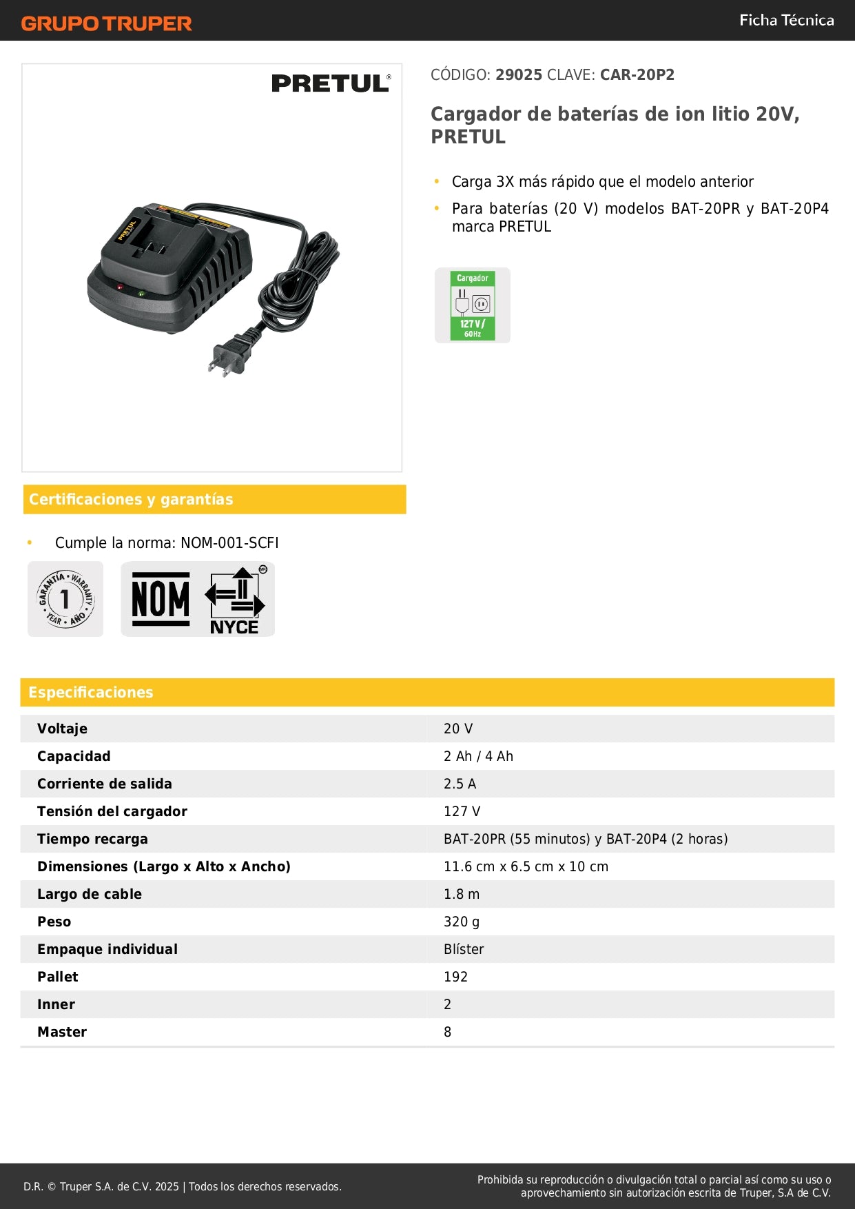 Cargador Baterías Ion Litio 20V PRETUL - Carga 3X Más Rápido, Compatible BAT-20PR BAT-20P4, Cargador Rápido Profesional