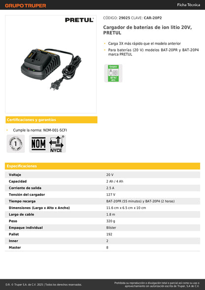 Cargador Baterías Ion Litio 20V PRETUL - Carga 3X Más Rápido, Compatible BAT-20PR BAT-20P4, Cargador Rápido Profesional