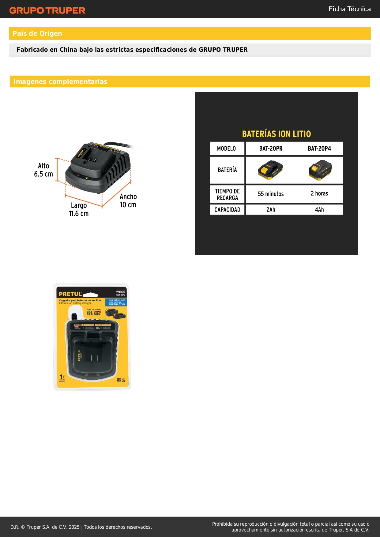 Cargador Baterías Ion Litio 20V PRETUL - Carga 3X Más Rápido, Compatible BAT-20PR BAT-20P4, Cargador Rápido Profesional