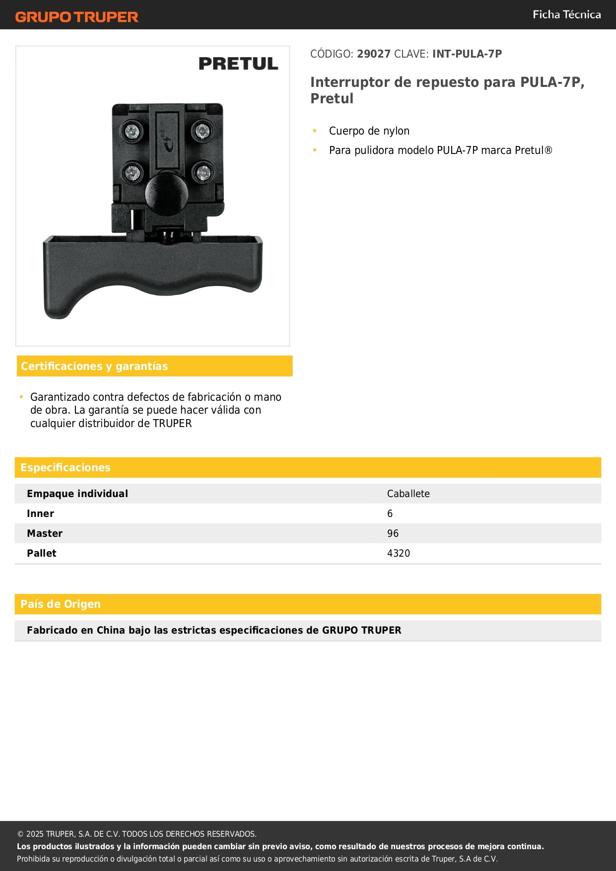 Interruptor de repuesto para PULA-7P, Pretul