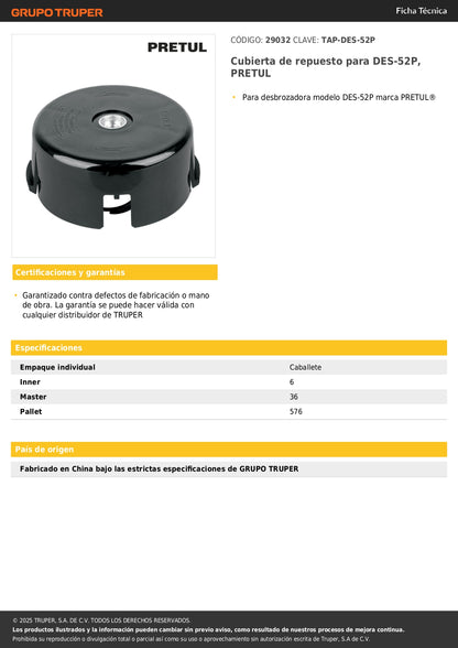 Cubierta de repuesto para DES-52P, PRETUL