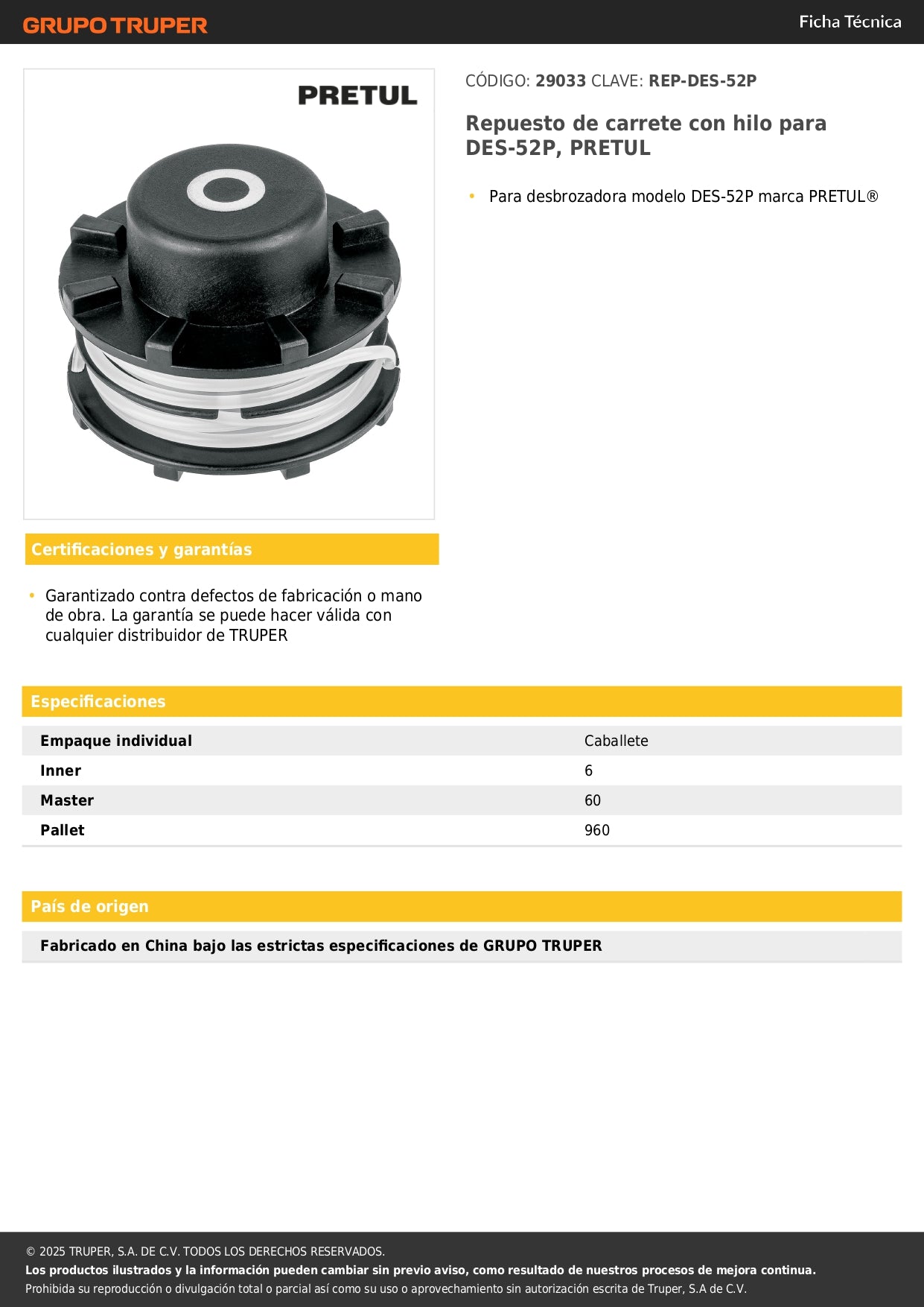 Repuesto de carrete con hilo para DES-52P, PRETUL