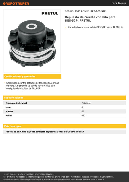 Repuesto de carrete con hilo para DES-52P, PRETUL