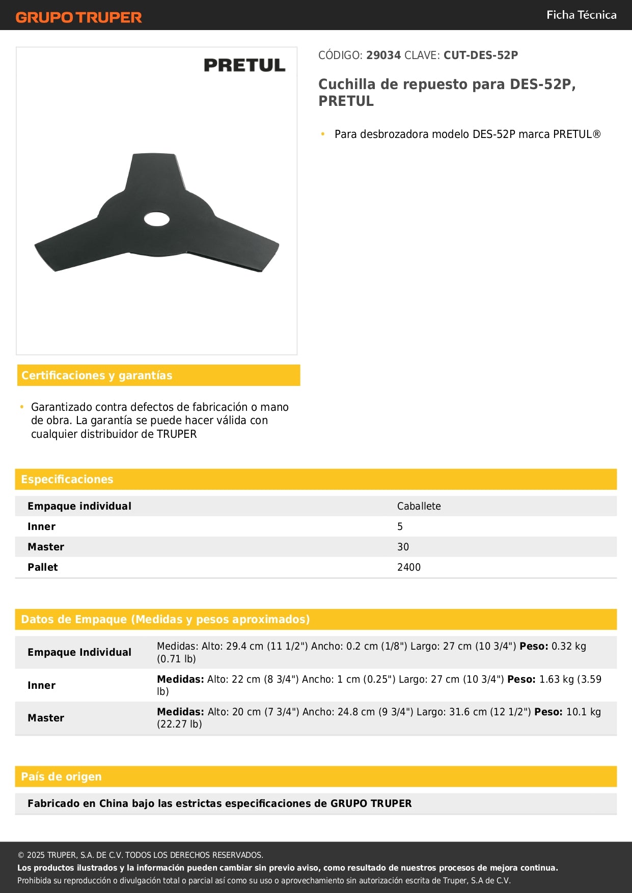 Cuchilla de repuesto para DES-52P, PRETUL