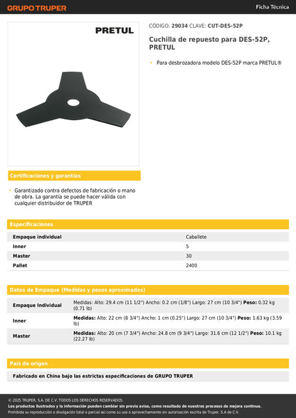 Cuchilla de repuesto para DES-52P, PRETUL