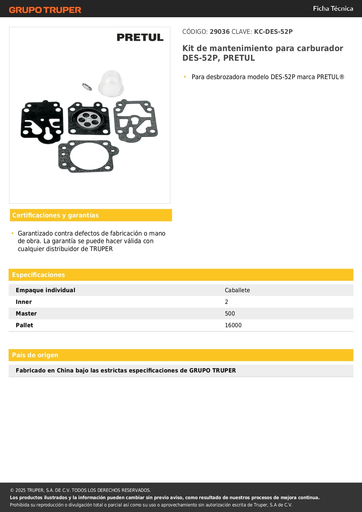 Kit de mantenimiento para carburador DES-52P, PRETUL