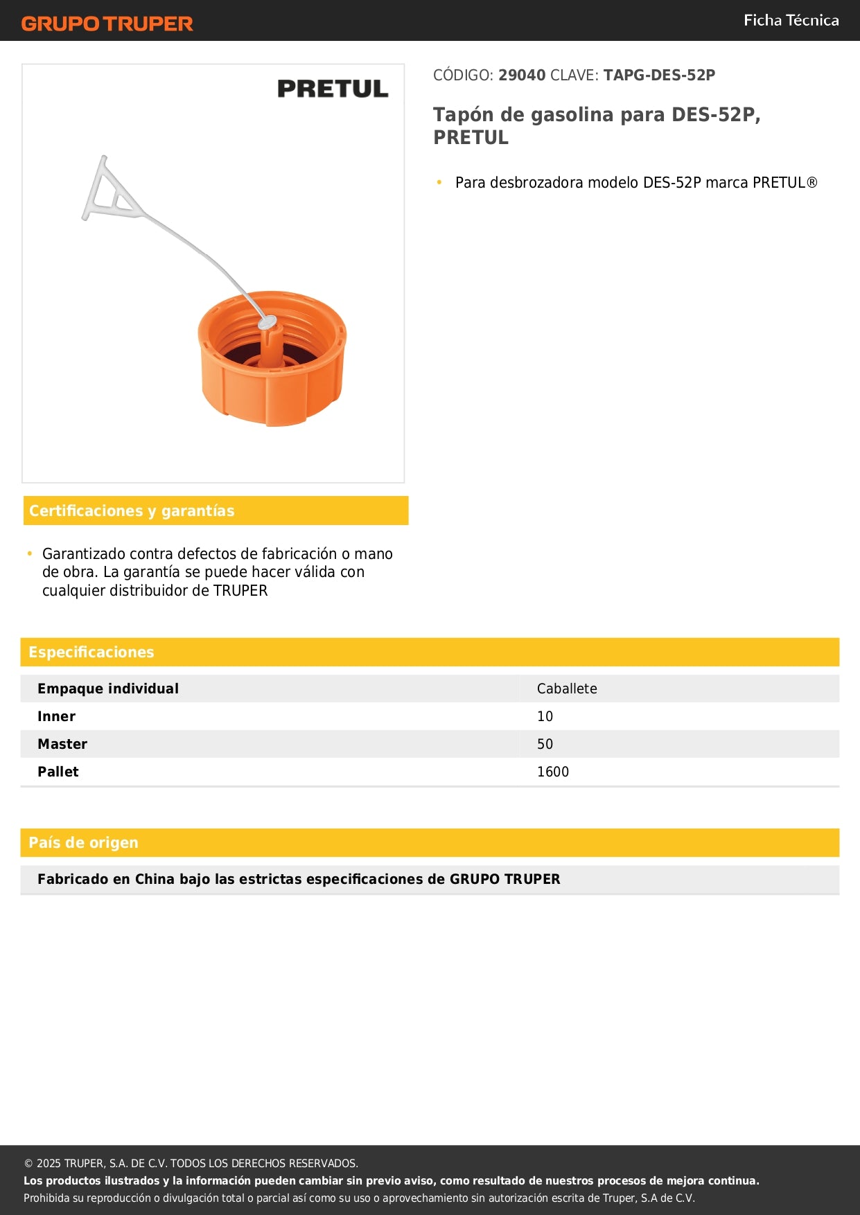 Tapón de gasolina para DES-52P, PRETUL