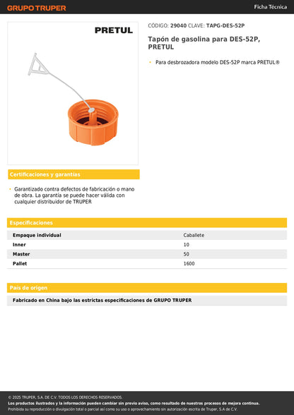 Tapón de gasolina para DES-52P, PRETUL