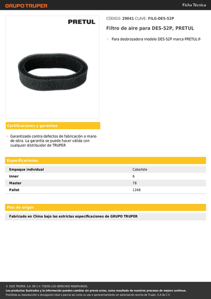Filtro de aire para DES-52P, PRETUL