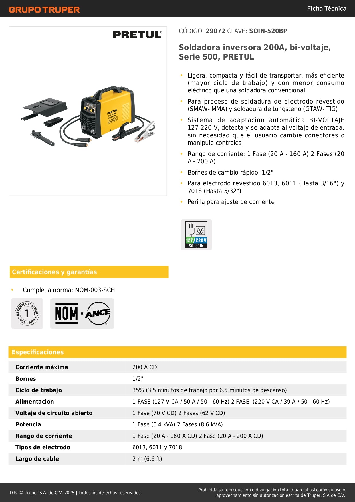Soldadora Inversora PRETUL 200A Bi-Voltaje SOIN-520BP - Solución Profesional para Soldadura SMAW TIG - Compacta Portátil Eficiente