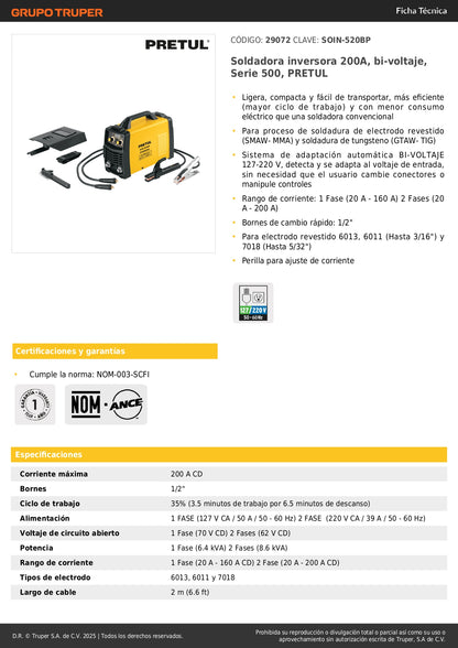Soldadora Inversora PRETUL 200A Bi-Voltaje SOIN-520BP - Solución Profesional para Soldadura SMAW TIG - Compacta Portátil Eficiente