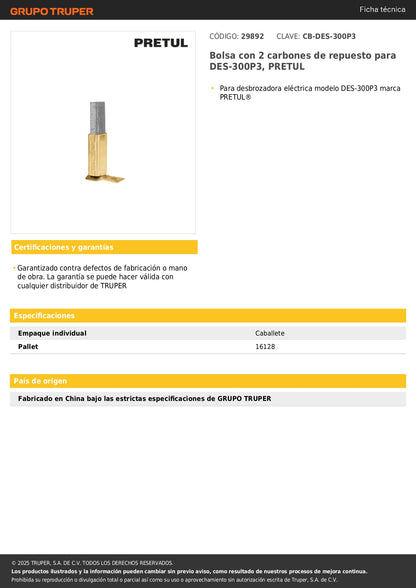 Bolsa con 2 carbones de repuesto para DES-300P3, PRETUL