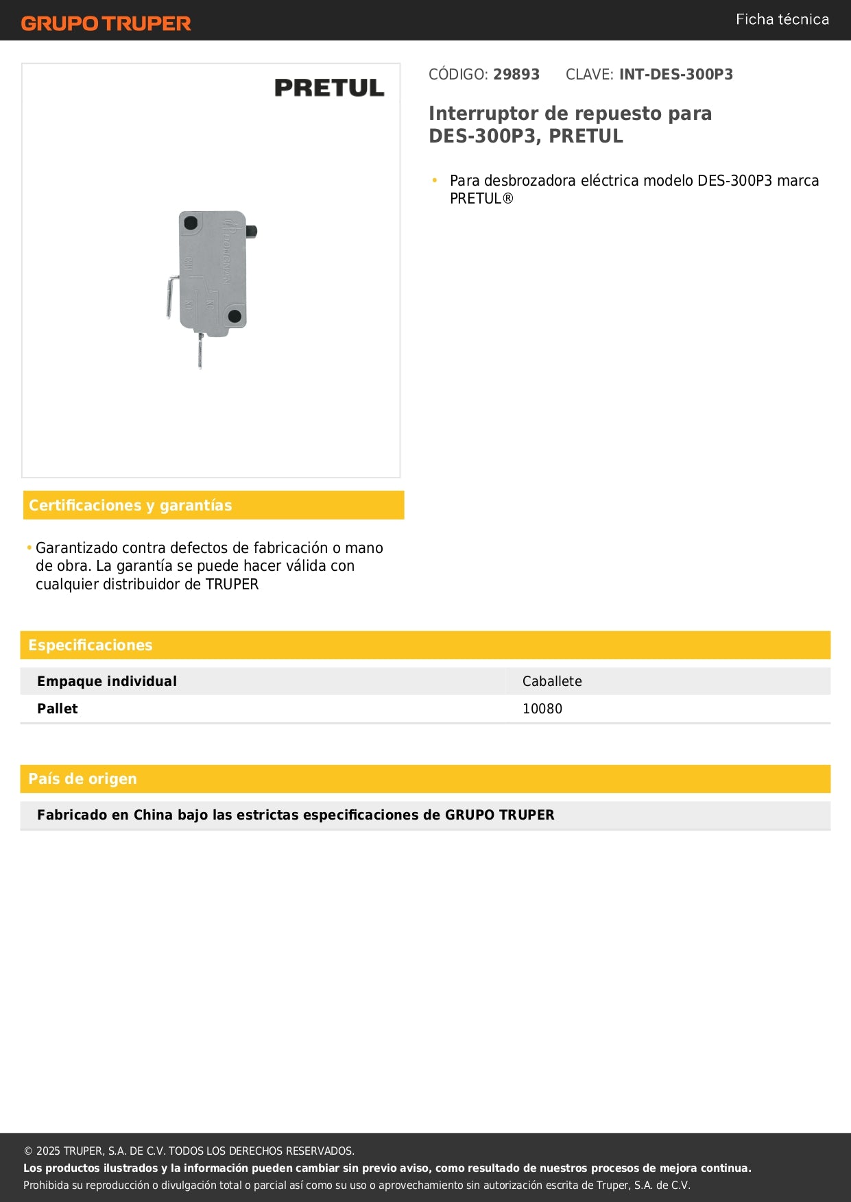 Interruptor de repuesto para DES-300P3, PRETUL