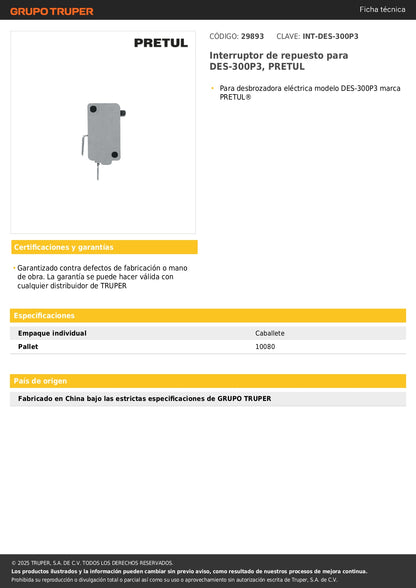 Interruptor de repuesto para DES-300P3, PRETUL