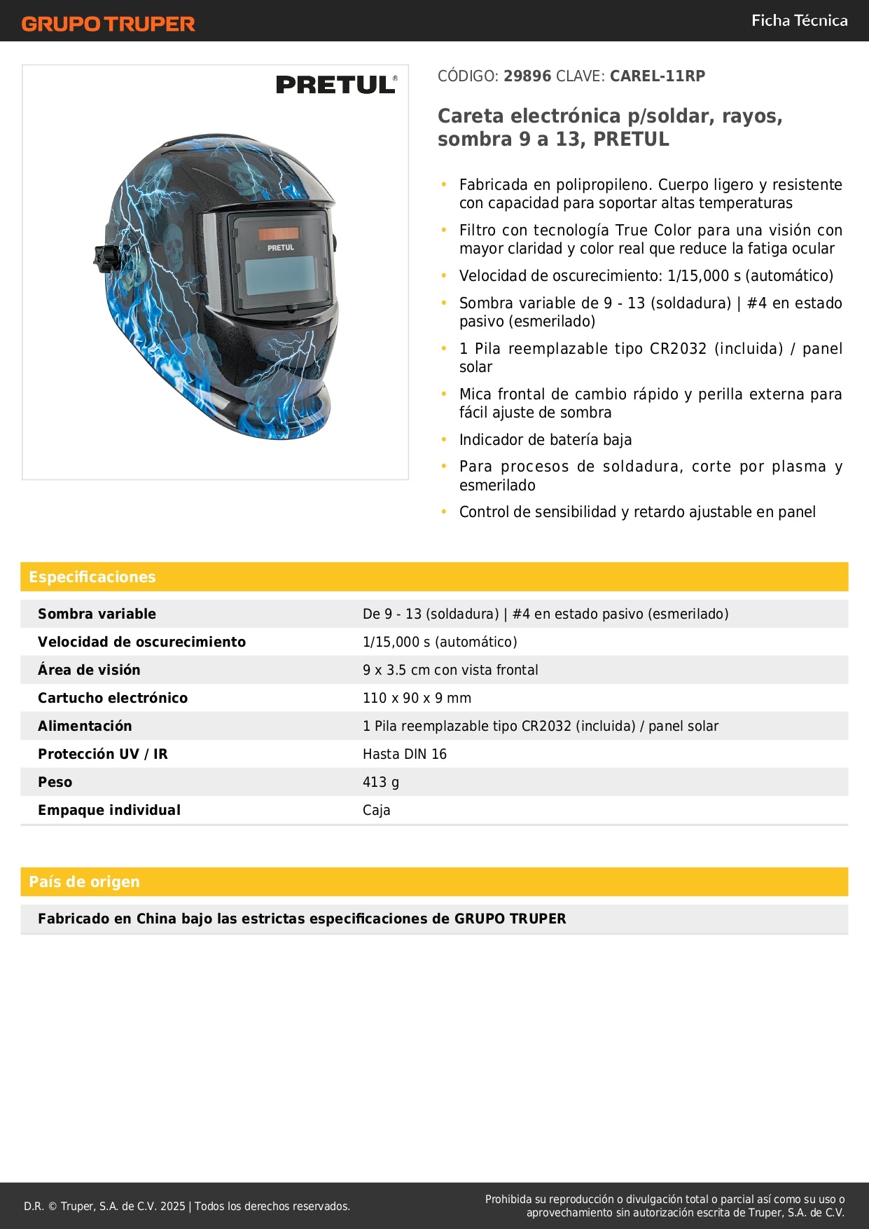 Careta Electrónica Soldadura PRETUL CAREL-11RP - Sombra Variable 9-13 - Protección Profesional Anti Rayos