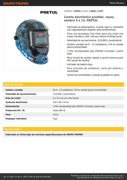 Careta Electrónica Soldadura PRETUL CAREL-11RP - Sombra Variable 9-13 - Protección Profesional Anti Rayos