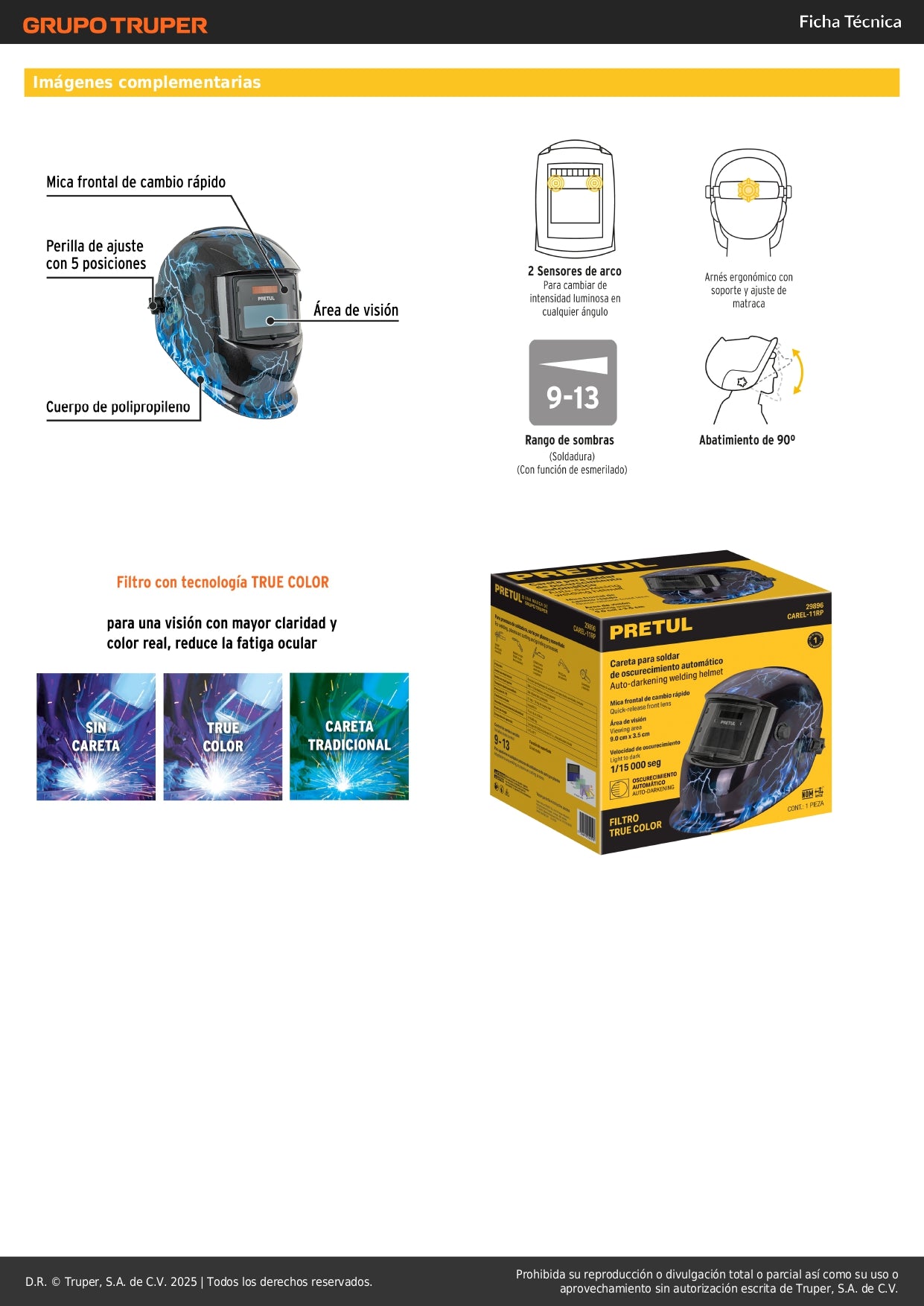 Careta Electrónica Soldadura PRETUL CAREL-11RP - Sombra Variable 9-13 - Protección Profesional Anti Rayos