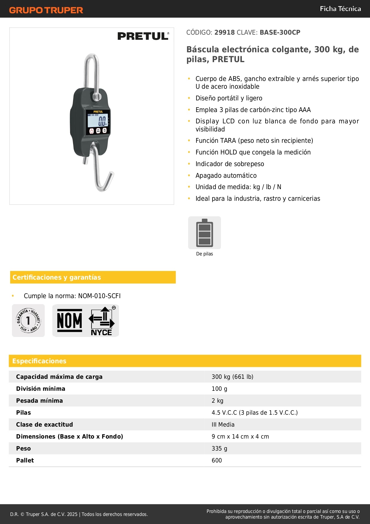 Báscula Electrónica Colgante PRETUL 300kg - Solución Profesional para Pesaje Industrial, Rastro y Carnicerías - Display LCD, Función TARA y HOLD - BASE-300CP