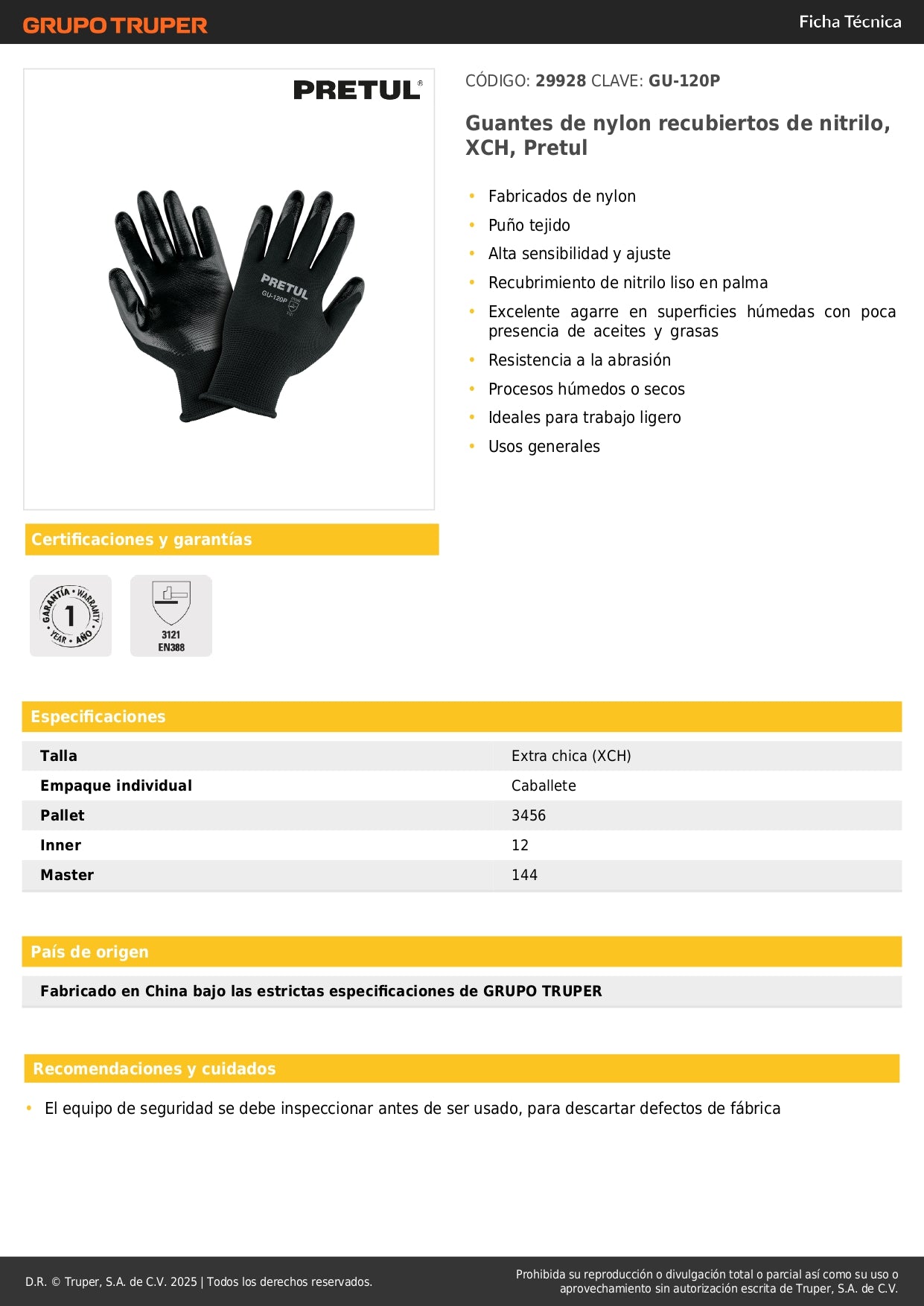 Guantes de Nitrilo GU-120P Pretul - Protección Antideslizante para Trabajo Húmedo y Seco - Resistentes a Abrasión