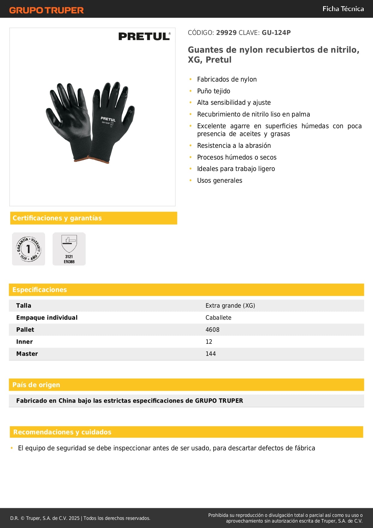Guantes de Nitrilo Pretul GU-124P - Protección Antideslizante para Trabajo Húmedo y Seco XG
