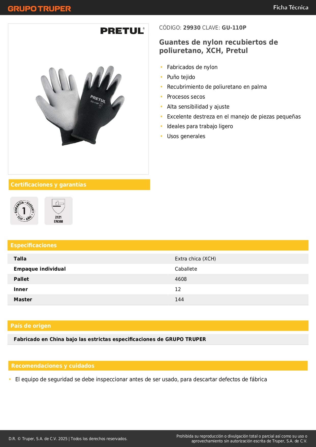 Guantes de Nylon con Recubrimiento Poliuretano GU-110P Pretul - Máxima Destreza y Sensibilidad para Trabajo de Precisión