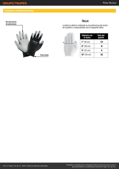 Guantes de Nylon con Recubrimiento Poliuretano GU-110P Pretul - Máxima Destreza y Sensibilidad para Trabajo de Precisión