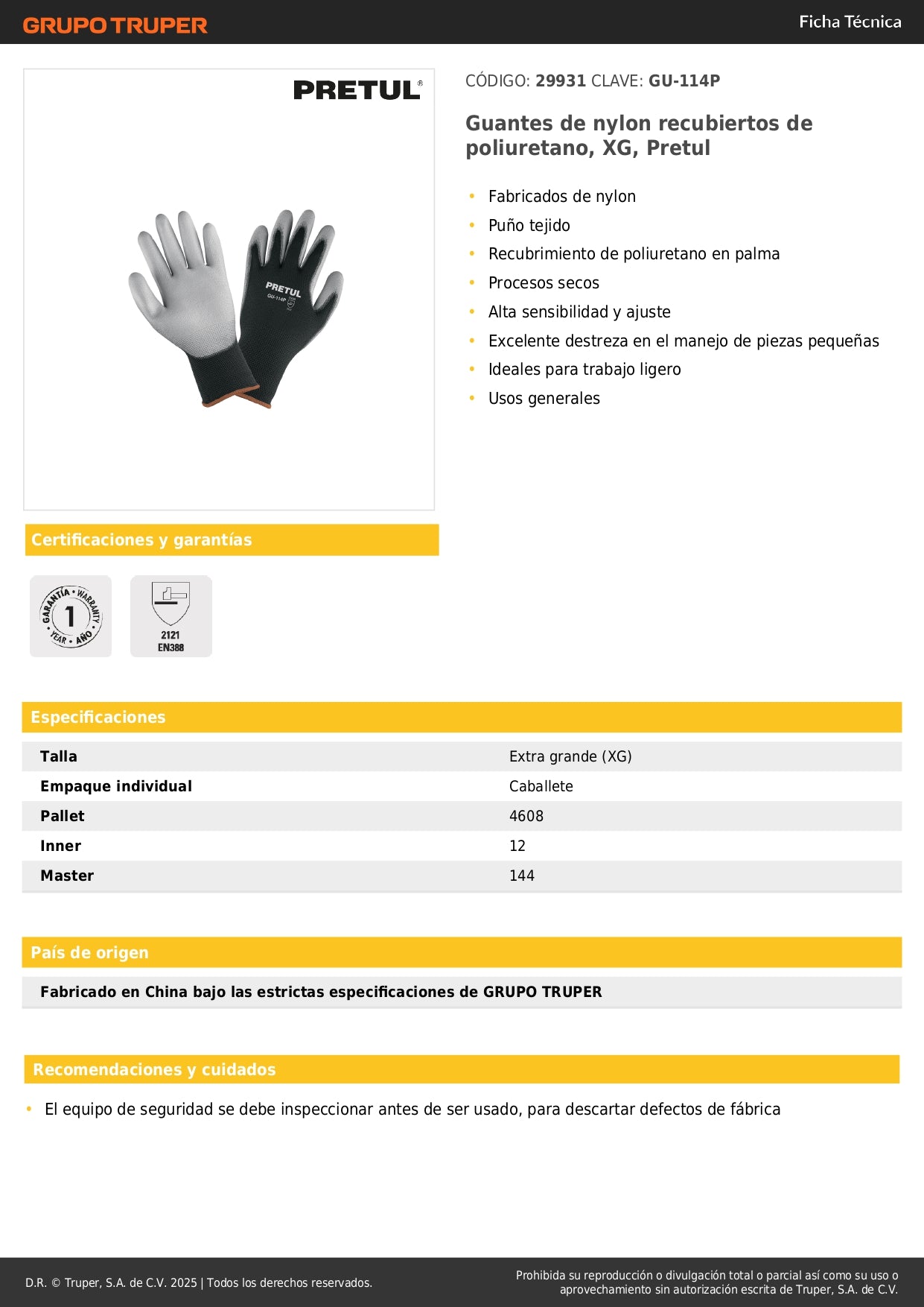 Guantes de Nylon con Recubrimiento Poliuretano XG Pretul GU-114P - Máxima Destreza y Sensibilidad para Trabajo de Precisión