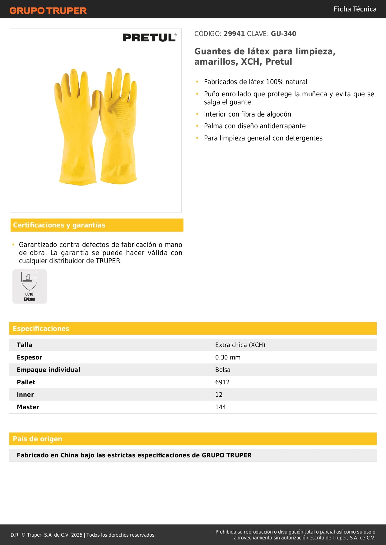 Guantes de Látex Amarillos Antiderrapantes GU-340 - Protección Total para Limpieza con Detergentes - Pretul XCH