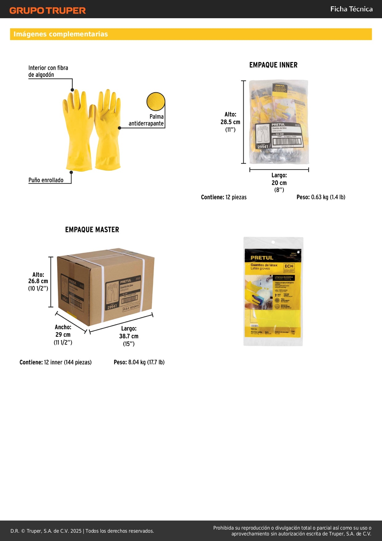 Guantes de Látex Amarillos Antiderrapantes GU-340 - Protección Total para Limpieza con Detergentes - Pretul XCH