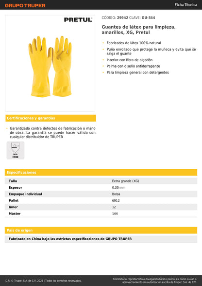 Guantes de Látex Amarillos XG Pretul GU-344 - Protección Antiderrapante para Limpieza Industrial y Doméstica con Fibra de Algodón