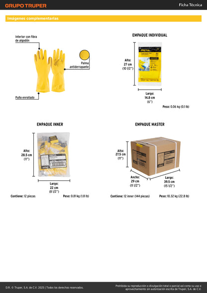 Guantes de Látex Amarillos XG Pretul GU-344 - Protección Antiderrapante para Limpieza Industrial y Doméstica con Fibra de Algodón
