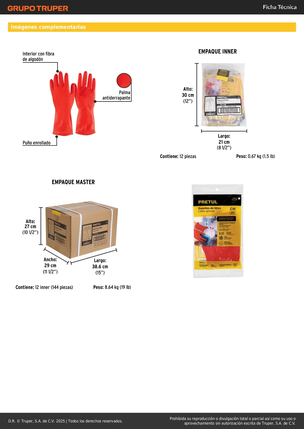 Guantes de Látex Rojos Antiderrapantes PRETUL GU-346 - Protección Total para Limpieza con Detergentes - Puño Reforzado y Fibra de Algodón Interior