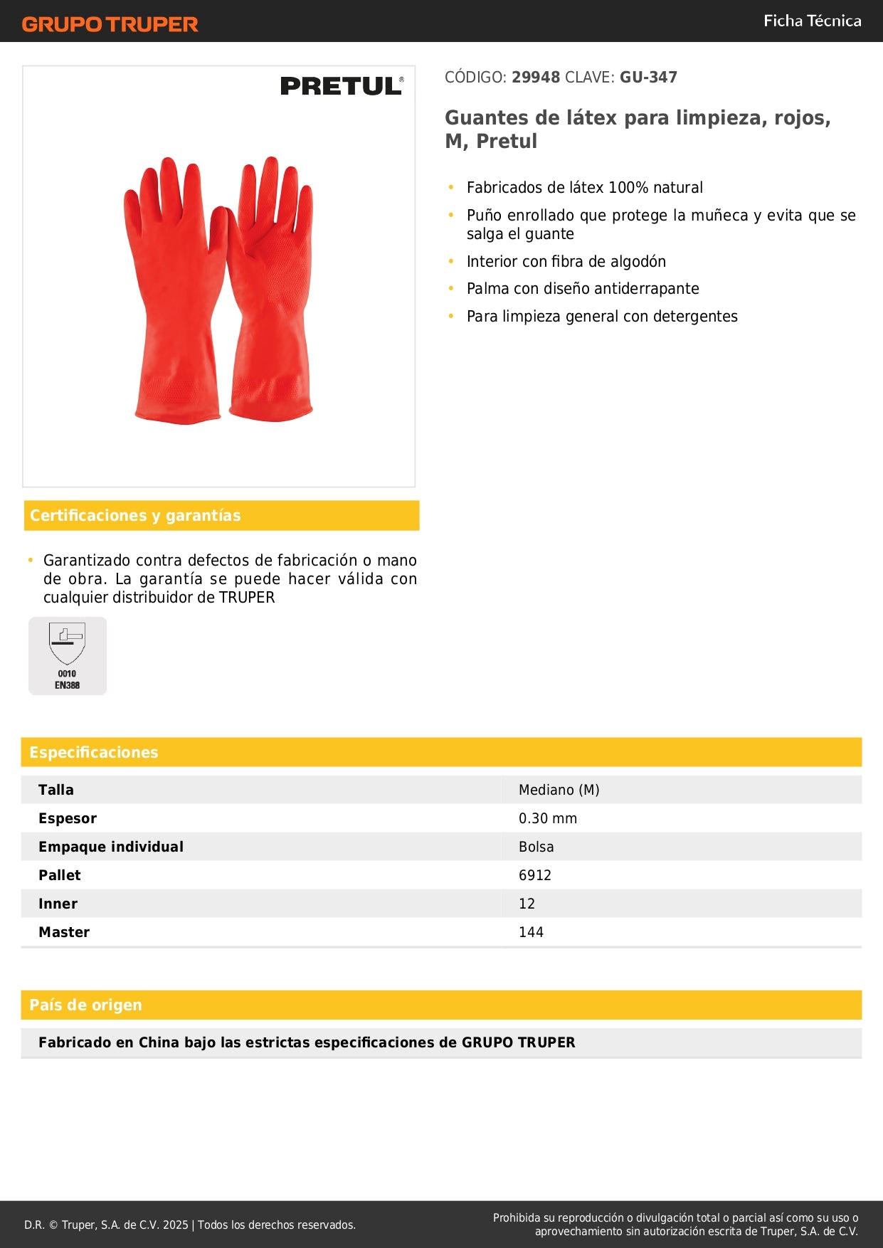 Guantes de Látex Rojos Antiderrapantes Pretul GU-347 - Protección Total para Limpieza con Detergentes - Talla M con Puño Reforzado