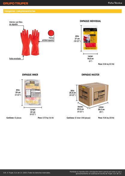 Guantes de Látex Rojos Antiderrapantes Pretul GU-347 - Protección Total para Limpieza con Detergentes - Talla M con Puño Reforzado