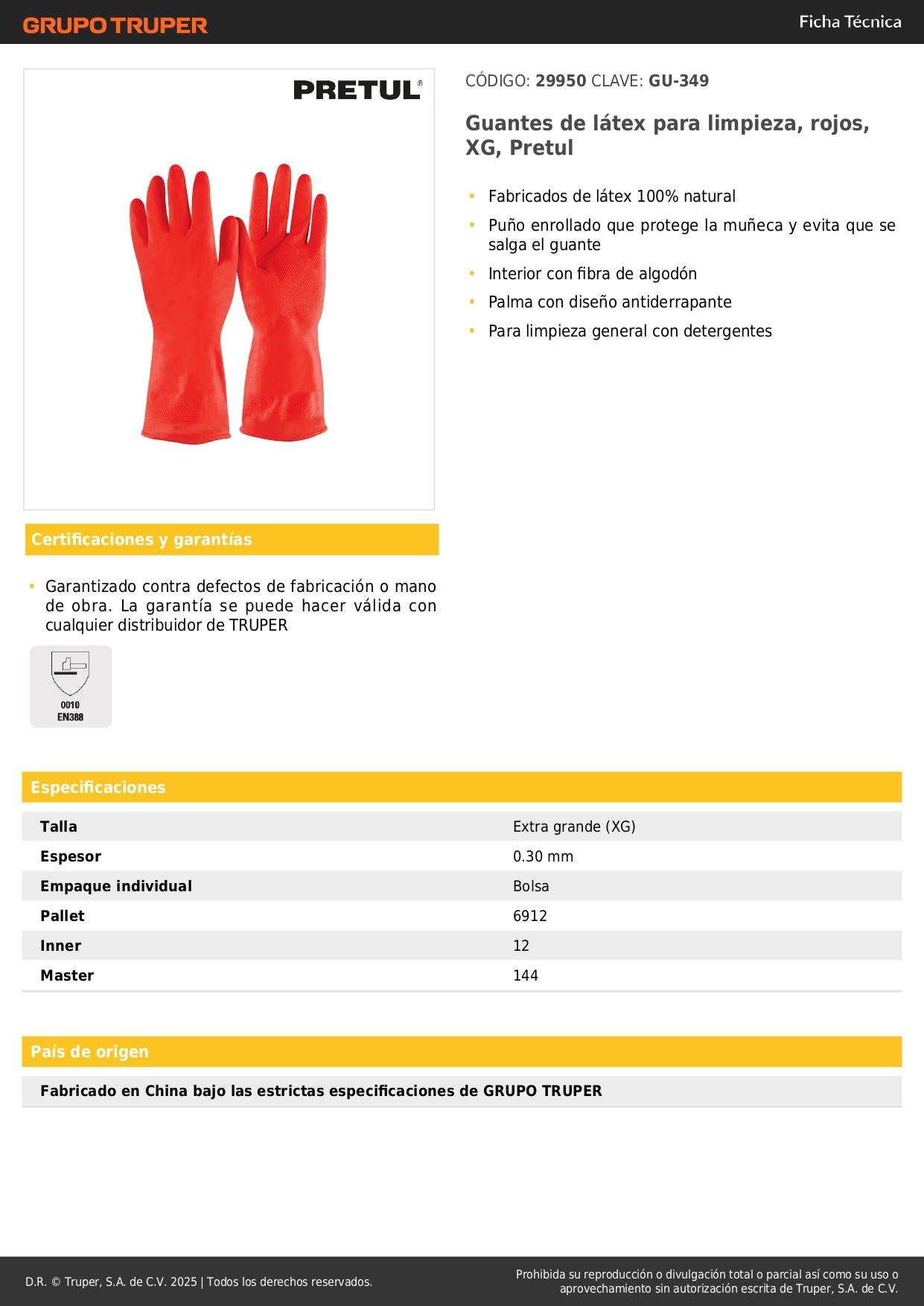 Guantes de Látex Rojos XG Pretul GU-349 - Protección Antiderrapante para Limpieza con Detergentes - Puño Reforzado y Forro de Algodón