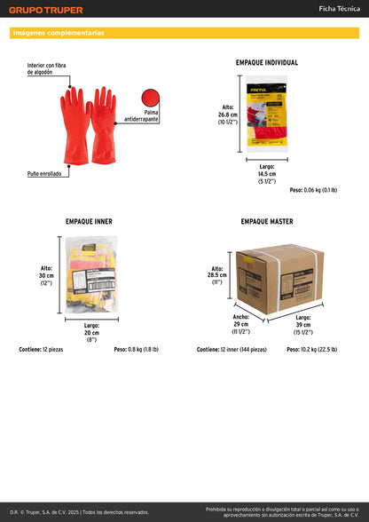 Guantes de Látex Rojos XG Pretul GU-349 - Protección Antiderrapante para Limpieza con Detergentes - Puño Reforzado y Forro de Algodón