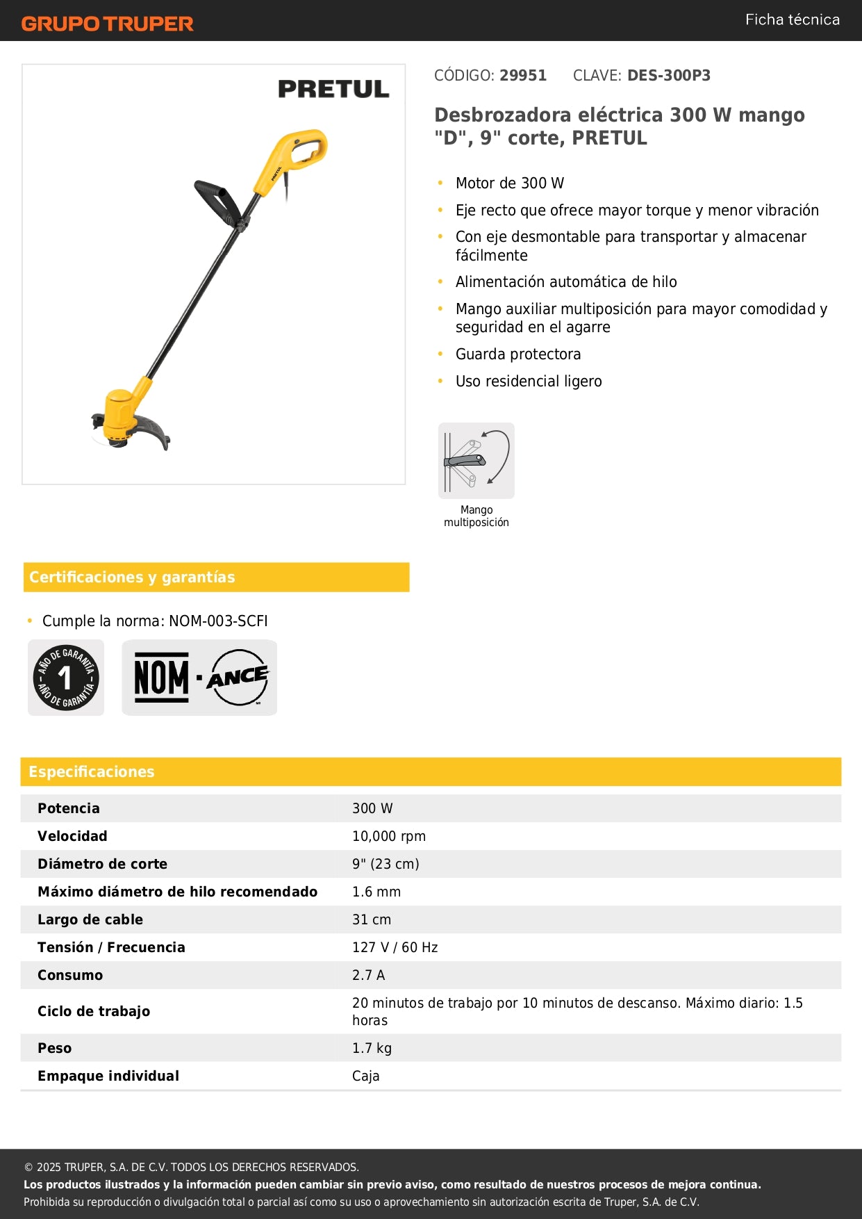 Desbrozadora eléctrica 300 W mango "D", 9" corte, PRETUL