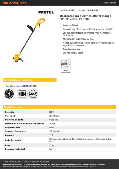 Desbrozadora eléctrica 300 W mango "D", 9" corte, PRETUL
