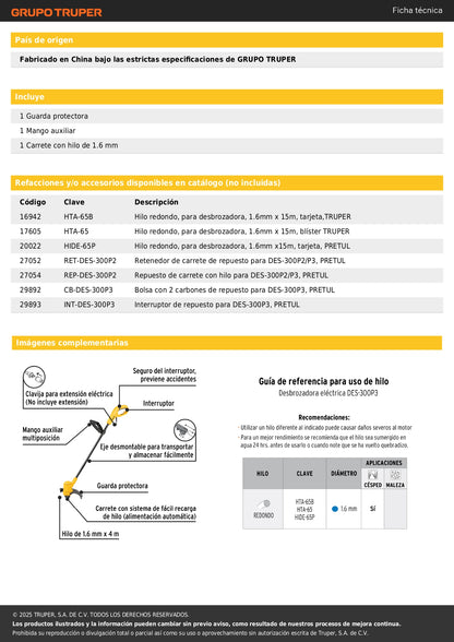 Desbrozadora eléctrica 300 W mango "D", 9" corte, PRETUL