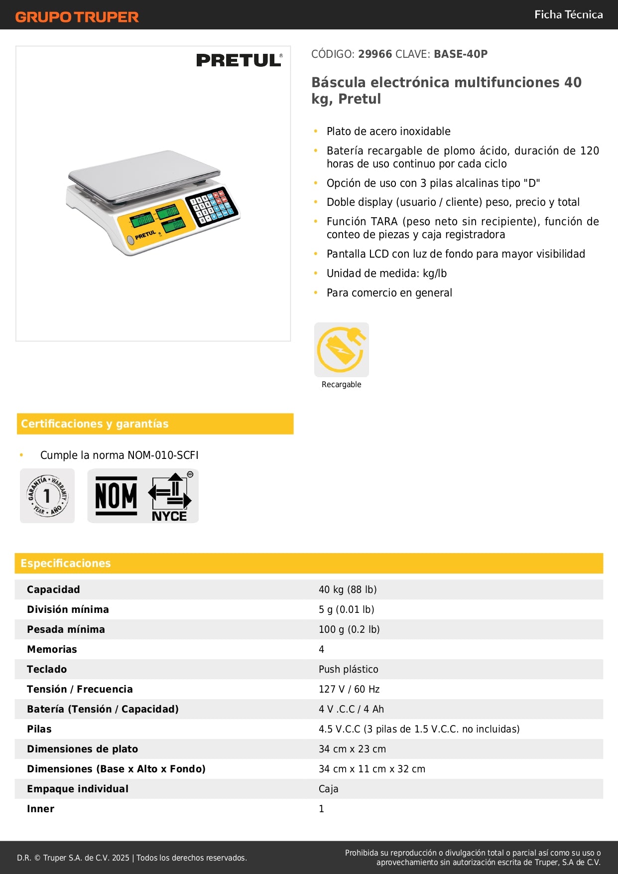 Báscula Electrónica Comercial 40kg PRETUL BASE-40P - Doble Display Digital con Batería Recargable para Pesaje Profesional