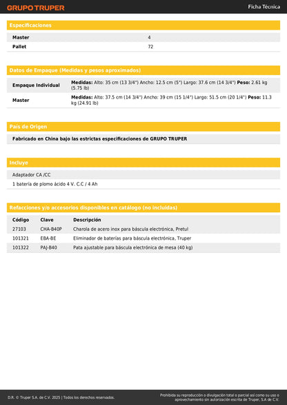 Báscula Electrónica Comercial 40kg PRETUL BASE-40P - Doble Display Digital con Batería Recargable para Pesaje Profesional
