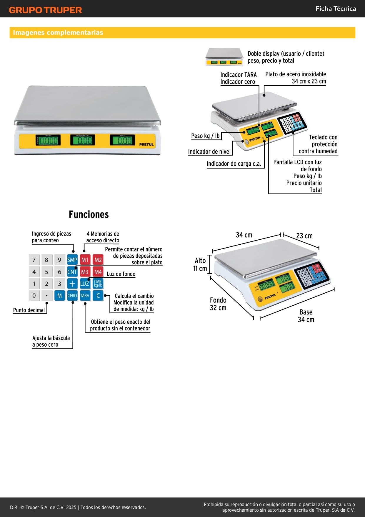 Báscula Electrónica Comercial 40kg PRETUL BASE-40P - Doble Display Digital con Batería Recargable para Pesaje Profesional